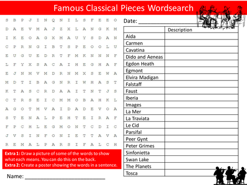 Famous Classical Music Pieces Wordsearch Starter Activity Homework Cover Lesson Plenary