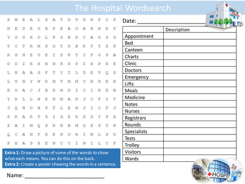 Hospitals Wordsearch Medicine Careers Starter Activity Homework Cover Lesson Plenary