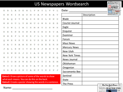 US Newspapers Wordsearch United States  Literacy Starter Activity Homework Cover Lesson Plenary