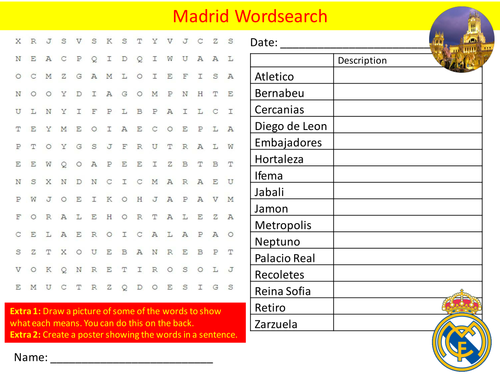 Madrid Wordsearch Spain Spanish Geography Starter Activity Homework Cover Lesson Plenary