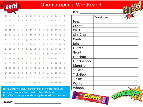 Onomatopeia Wordsearch English Language Literacy Starter Activity Homework Cover Lesson Plenary