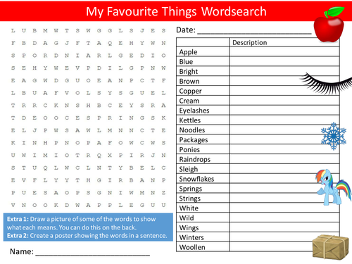 My Favourite Things Julie Andrews Wordsearch Literacy Starter Activity Homework Cover Lesson Plenary