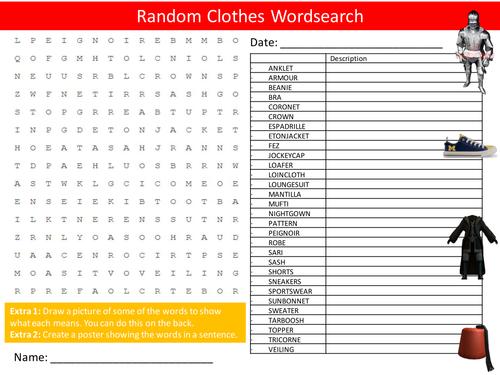 Clothes Wordsearch Historical and Modern Literacy Starter Activity Homework Cover Lesson Plenary