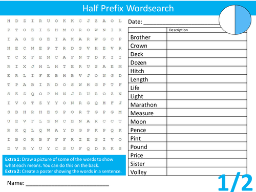 Half Prefix Wordsearch English & Maths Literacy Starter Activity Homework Cover Lesson Plenary