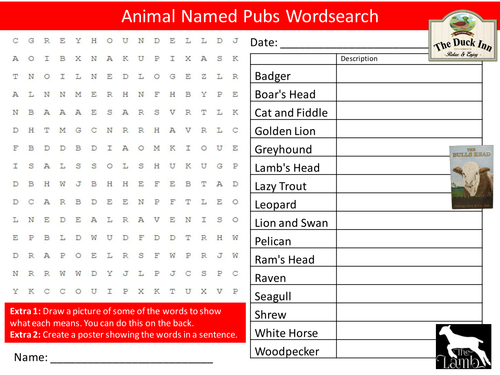 Animal Themed Pubs Wordsearch Alcohol Literacy Starter Activity Homework Cover Lesson Plenary