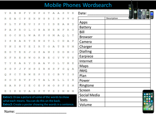 Mobile Phones Wordsearch ICT Technology Literacy Starter Activity Homework Cover Lesson Plenary