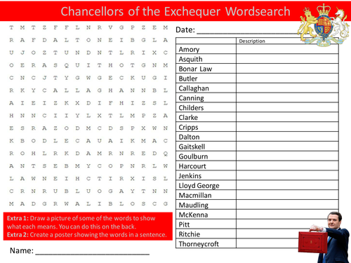 Chancellors of the Exchequer Wordsearch Literacy Starter Activity Homework Cover Lesson Plenary