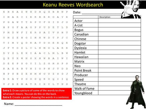 Keanu Reeves Wordsearch Acting Famous Actor Literacy Starter Activity Homework Cover Lesson Plenary
