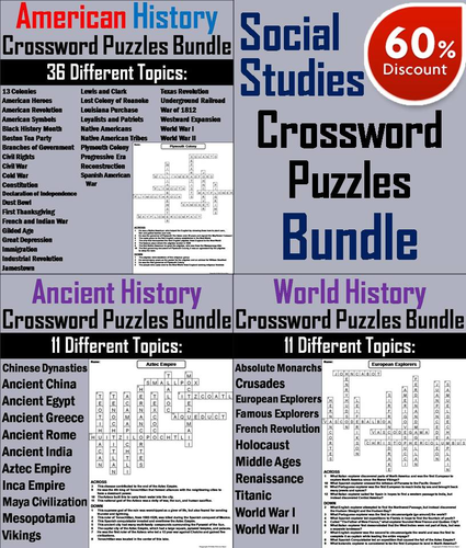 Social Studies Crossword Puzzles Bundle: Ancient, World and American History