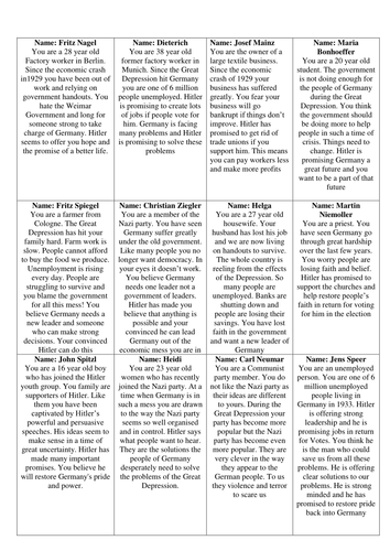 Why did people vote for Hitler role play cards