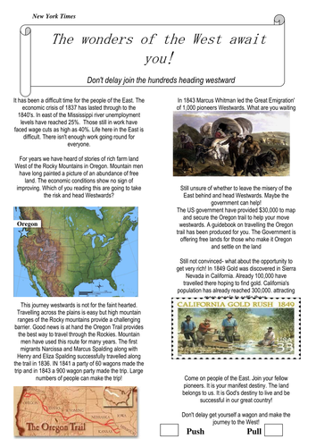 Exploring the push and pull factors for those heading West worksheet and activities American West