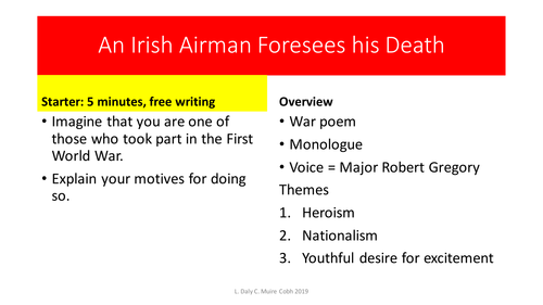 An Irish Airman Foresees His Death W B Yeats Teaching Resources