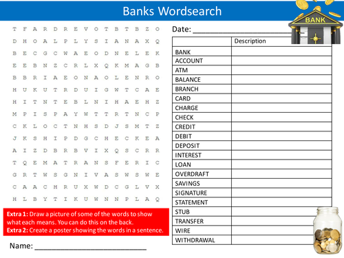 Banks Bank Accounts Economics Wordsearch Literacy Starter Activity Homework Cover Lesson Plenary