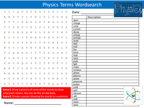 Physics Terms Wordsearch Science Keywords Literacy Starter Activity Homework Cover Lesson Plenary