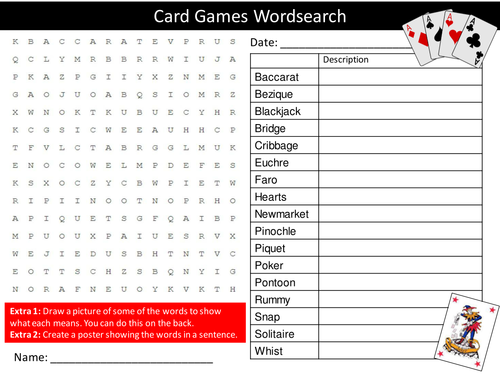 Card Games Wordsearch Literacy Starter Activity Homework Cover Lesson Plenary