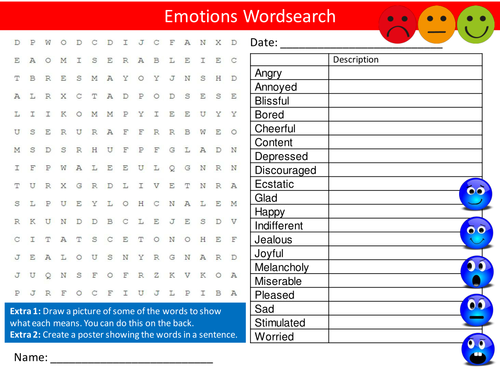 Emotions Wordsearch PHSE Puberty Literacy Starter Activity Homework Cover Lesson Plenary