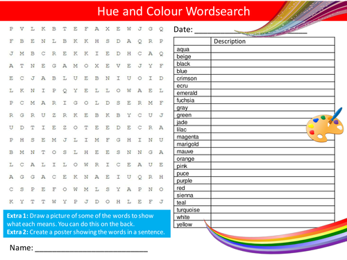 Hue and Colour Wordsearch Art Keywords Literacy Starter Activity Homework Cover Lesson Plenary