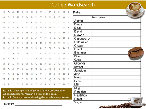 Coffee Wordsearch Drinks Literacy Starter Activity Homework Cover Lesson Plenary