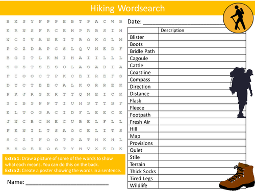Hiking Wordsearch Outdoor Walking Skills Literacy Starter Activity Homework Cover Lesson Plenary