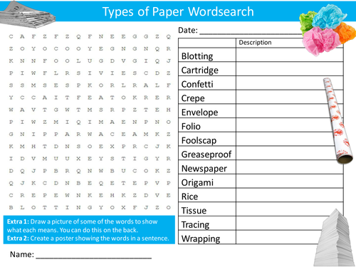 Types of Paper Wordsearch Art Literacy Starter Activity Homework Cover Lesson Plenary
