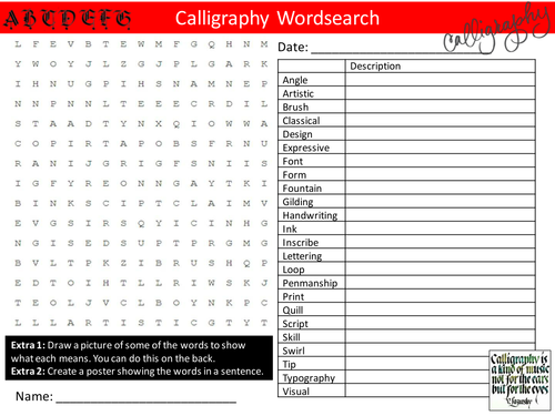Calligraphy Wordsearch Art Handwriting Literacy Starter Activity Homework Cover Lesson Plenary