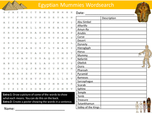 Egyptian Mummies Wordsearch History Literacy Starter Activity Homework Cover Lesson Plenary