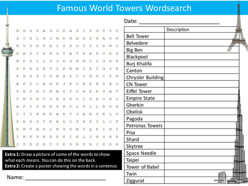 Famous World Towers Wordsearch Architecture Literacy Starter Activity Homework Cover Lesson Plenary