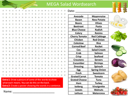 3 x Salads Wordsearch Food Technology Literacy Starter Activity Homework Cover Lesson Plenary