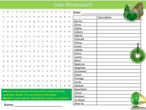 Jade Wordsearch Minerals Geology Literacy Starter Activity Homework Cover Lesson Plenary