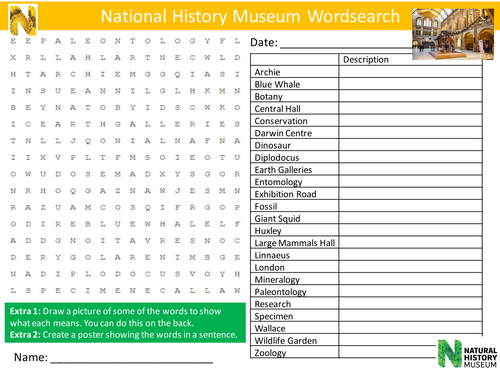 National History Museum Wordsearch Literacy Starter Activity Homework Cover Lesson Plenary
