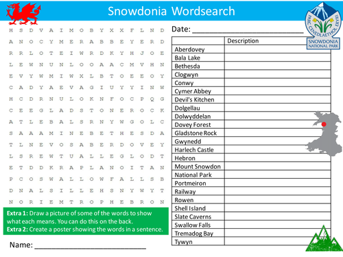 Snowdonia Wordsearch Park Hiking Geography Literacy Starter Activity Homework Cover Lesson Plenary