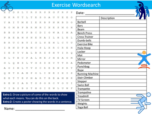 Exercise Wordsearch PE Sports Heath Literacy Starter Activity Homework Cover Lesson Plenary
