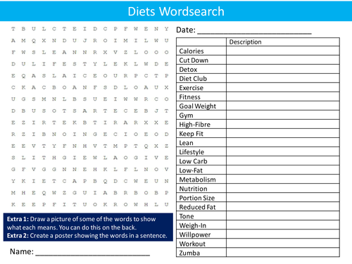 Diets Wordsearch Food Technology Healthy Eating Literacy Starter Activity Homework Cover Plenary