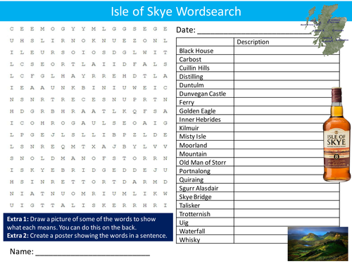 The Isle of Skye Wordsearch Geography Literacy Starter Activity Homework Cover Lesson Plenary