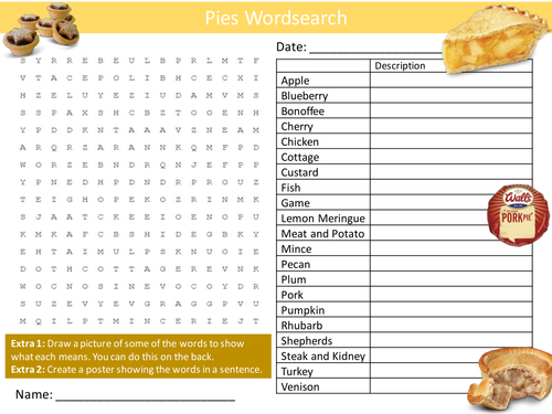 Types of Pies Pie WordsearchFood Technology Literacy Starter Activity Homework Cover Lesson Plenary