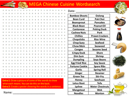 Chinese Cuisine 3 x Wordsearch New Year Food Literacy Starter Activity Homework Cover Lesson Plenary