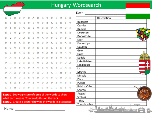 Hungary Wordsearch Countries Geography Literacy Starter Activity Homework Cover Lesson Plenary