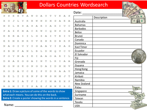 Dollars Wordsearch Countries Geography Literacy Starter Activity Homework Cover Lesson Plenary