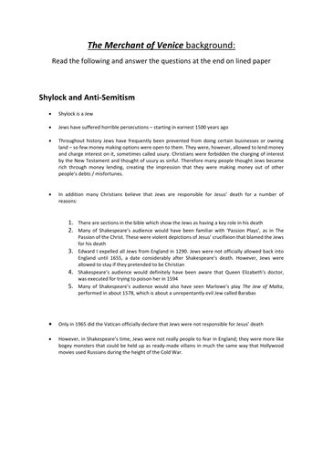 Merchant of Venice Worksheets