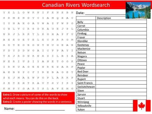 Canadian Rivers Wordsearch Geography Literacy Starter Activity Homework Cover Lesson Plenary