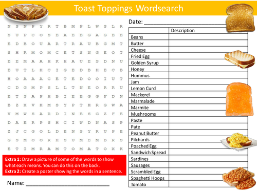 Toast Toppings Wordsearch Food Technology Literacy Starter Activity Homework Cover Lesson Plenary