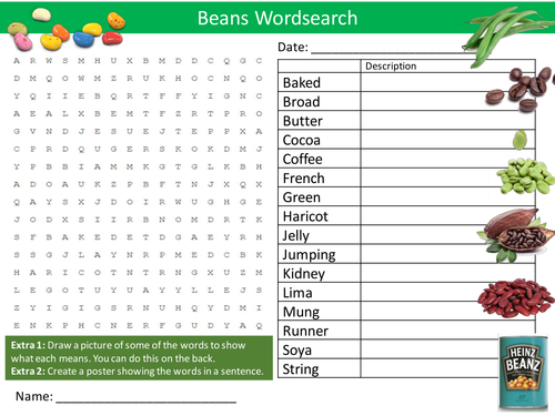 Types of Beans Wordsearch Food Technology Literacy Starter Activity Homework Cover Lesson Plenary