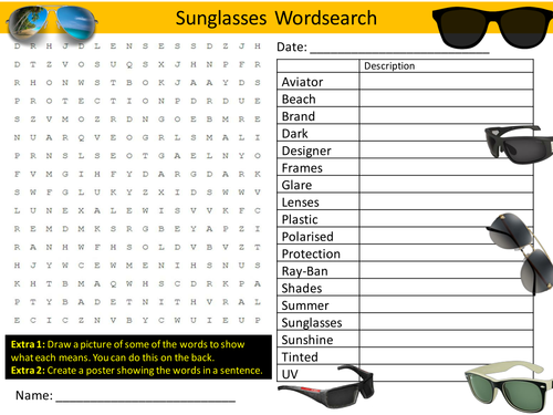 Sunglasses Wordsearch Sun Safety Literacy Starter Activity Homework Cover Lesson Plenary