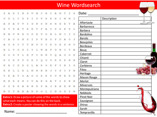 Wine Wordsearch Alcohol Awareness PHSE Literacy Starter Activity Homework Cover Lesson Plenary