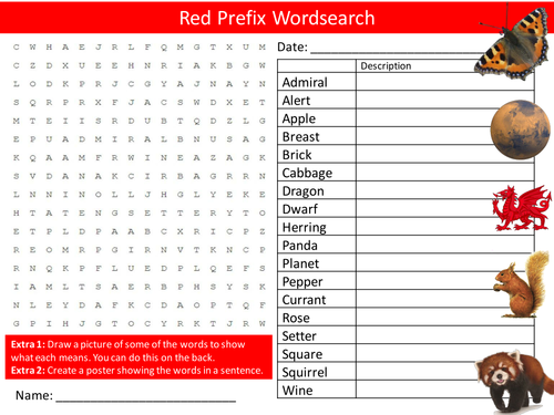 Red Prefix Wordsearch Art Colours English Literacy Starter Activity Homework Cover Lesson Plenary