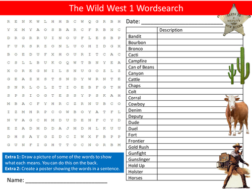 The Wild West 1 Wordsearch America Cowboys Literacy Starter Activity Homework Cover Lesson Plenary