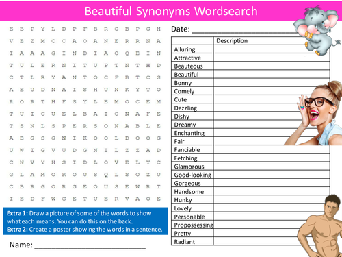Beautiful Synonyms Wordsearch English Literacy Starter Activity Homework Cover Lesson Plenary