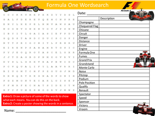 Formula One Wordsearch Motorsport PE Literacy Starter Activity Homework Cover Lesson Plenary
