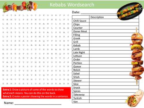 Kebabs Wordsearch Food Technology Literacy Starter Activity Homework Cover Lesson Plenary