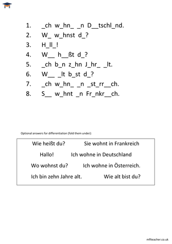 german simple greetings missing vowels worksheet by